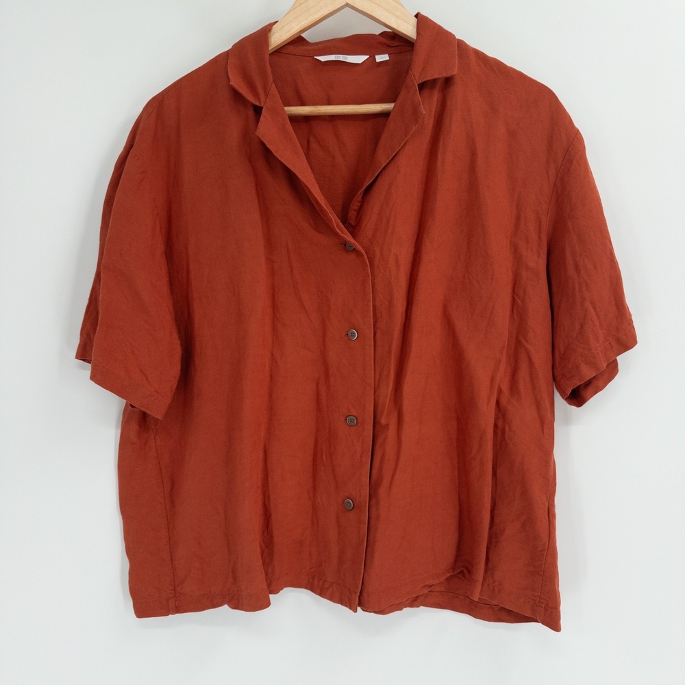 Uniqlo Button Down Women L Rust Boxy Linen Blend Short Sleeve Minimalist Earthy